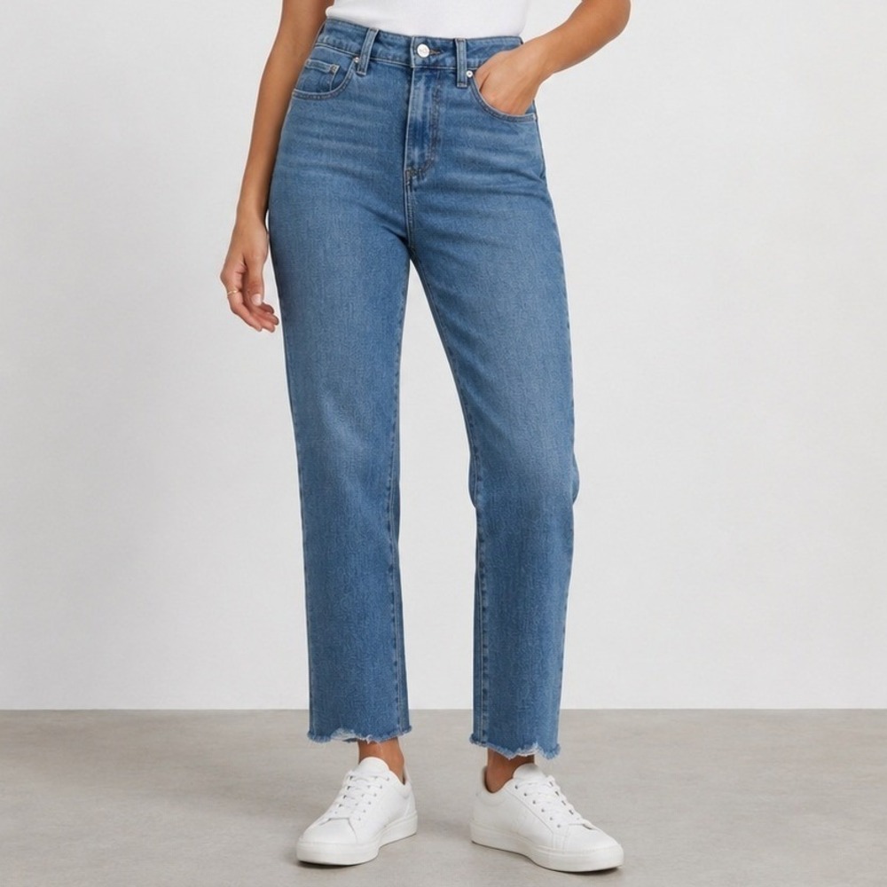 PAIGE Sarah Slim Jeans 26 Blue High Rise Raw Hem Distressed Casual Streetwear